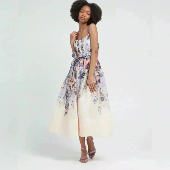 Zimmermann Tama Corset Linen Silk Midi Dress 1 US6 Floral Pansy Waist Tie Belted - Picture 6 of 16